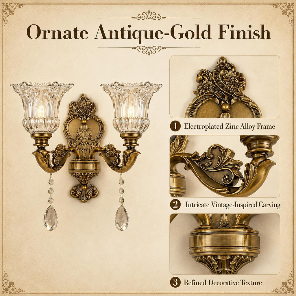 Vintage Style Crystal Sconces,2-Lights Design,3000K Warm Light | Zinc Alloy Body,K9 Crystal Pendant,Floral Glass