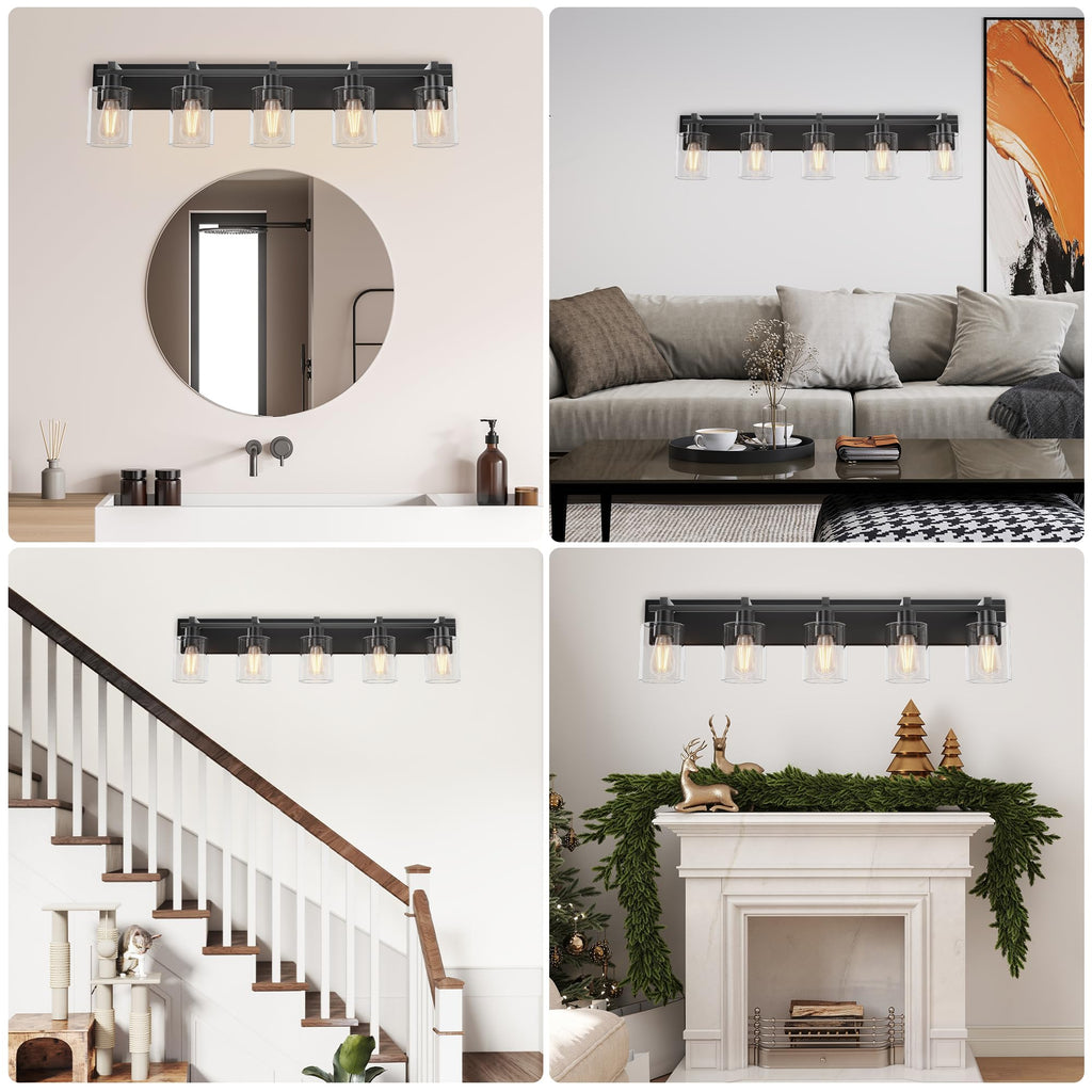 5-Light 37inch Matte Black Vanity Light, Thickened Clear Glass