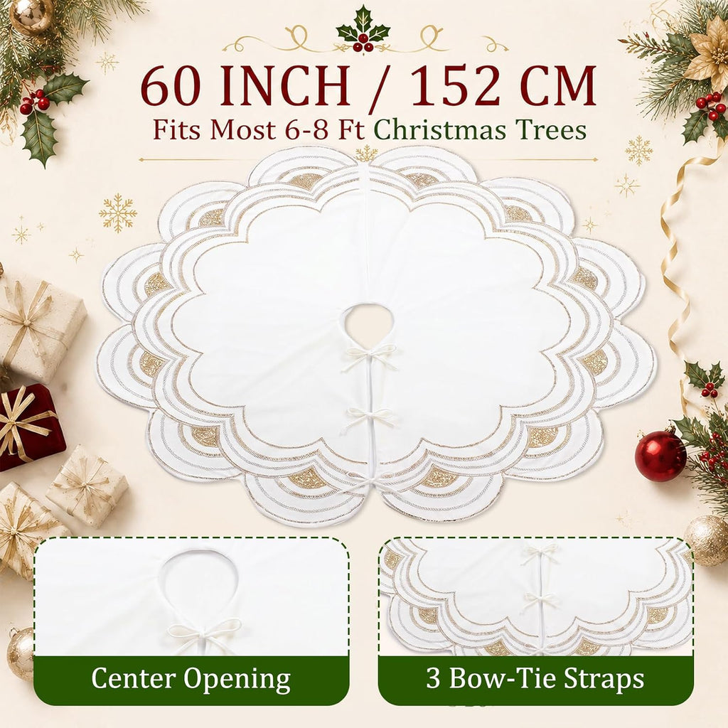 60" Beaded Christmas Tree Skirt Velvet Sequin Xmas Tree Mat,White