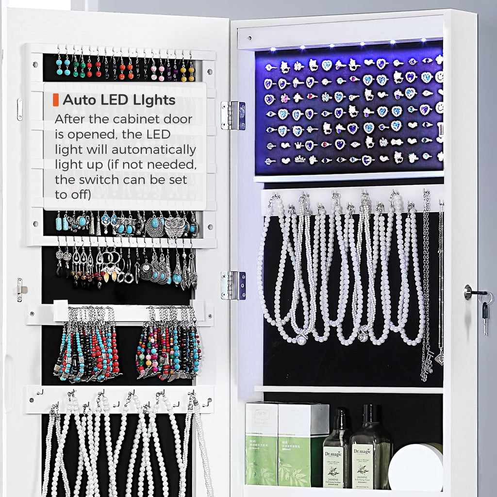 Full Length Mirror Jewelry Cabinet, 6 LEDs Jewelry Armoire Wall Mounted Over The Door Hanging, Jewelry Organizer