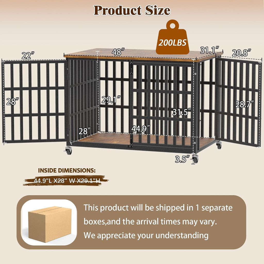 48 Inch Dog Crate Furniture, Heavy Duty Wooden Dog Kennel for Large Dogs, Chew Proof & Escape-Proof Indoor Dog Cage