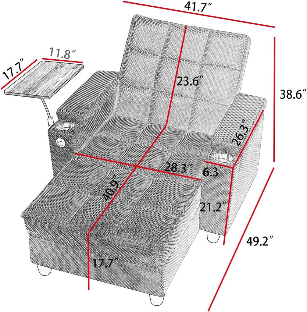 Convertible Chaise Lounge Sleeper Chair with Storage and 6-Position Reclining Backrest,Modern Tufted Recliner Lounge