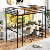 Twin Loft Bed with L-Shaped Desk & Storage Shelves, Metal Loft Bed with Power Outlet & LED Lights, Anti-Tipping Kits