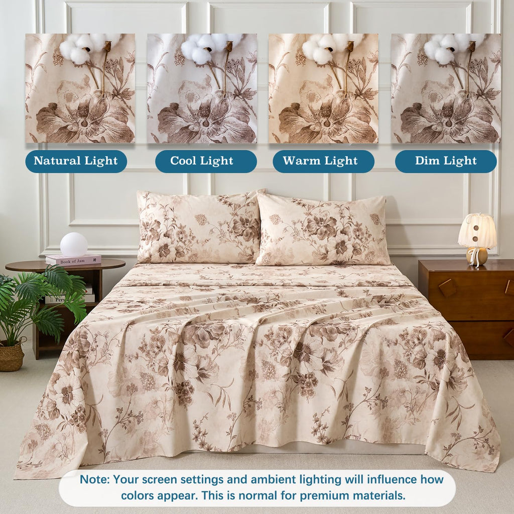 Brown Sheet Set 100% Cotton Flannel-Like Warm Luxury Peony Toile Floral Bed Sheets 4Pc Deep Pocket 17.5"