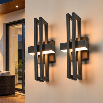 Outside Light 2 Pack, 15Inch Small Black Outdoor Wall Sconce Waterproof Exterior Light Fixture, Modern Wall Mount