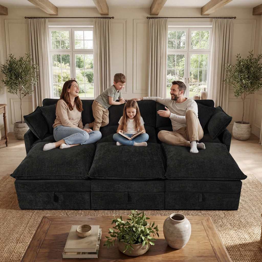 Modular Sectional Sofa Bed with Storage Ottomans, 103" Cloud Couch, 6-Seater Comfy Modern Couches with Pillows &