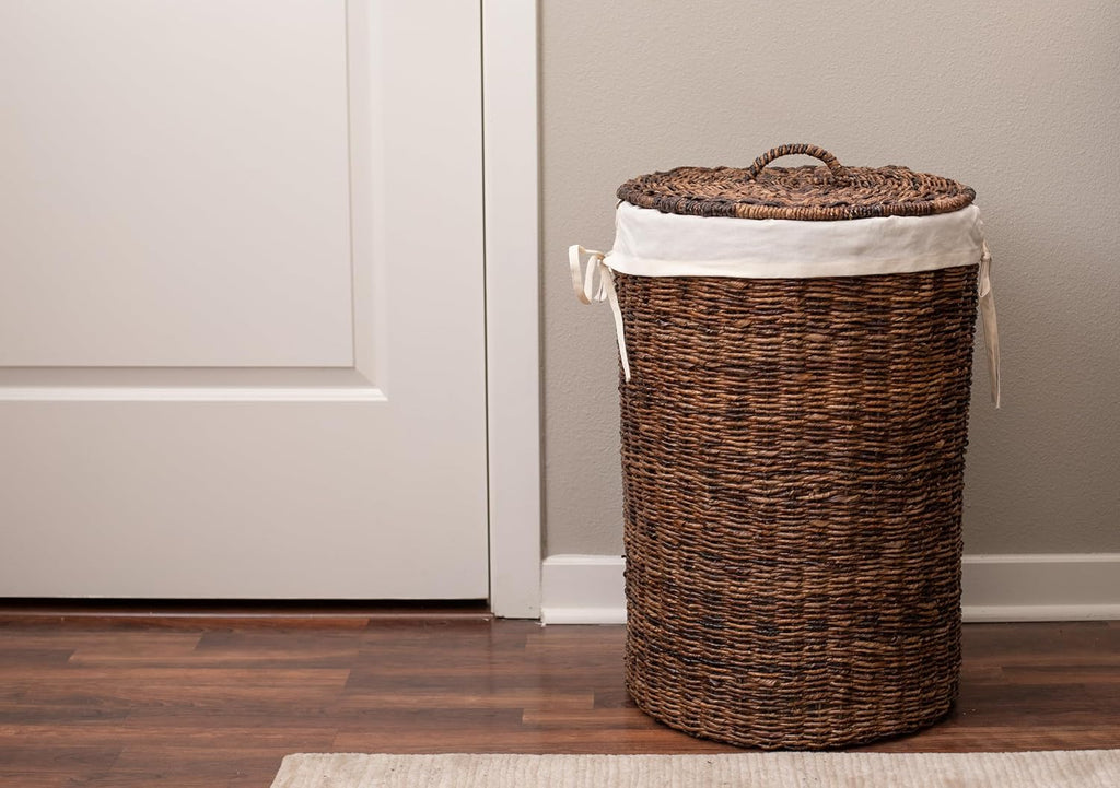 Seagrass Laundry Hamper with Lid & Liner - Handwoven Round Basket with Handles for Laundry/Dirty Clothes - Organizer