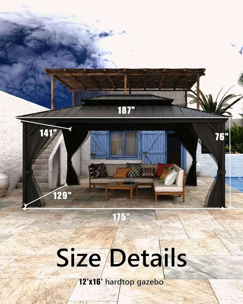 GarveeLife Hardtop Gazebo 12 ft x16 ft for All Weather, with Double Metal Roof, Net, and Curtain