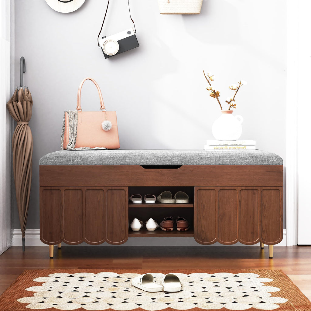 40" Upholstered Flip Top Entryway Shoe Bench, Walnut