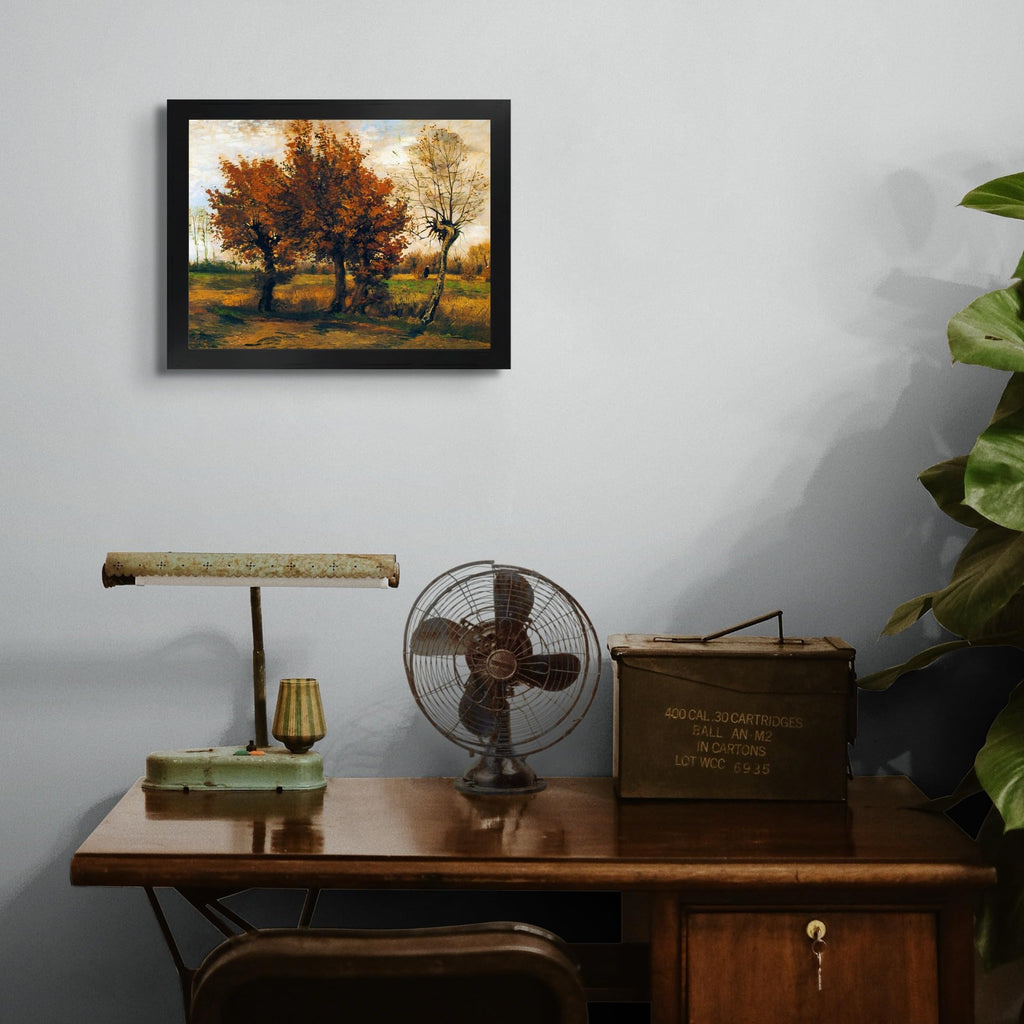 Cabin Autumn Landscape with Four Trees by Vincent Van Gogh | Print in Black Flat Frame | Fine Artwork Painting