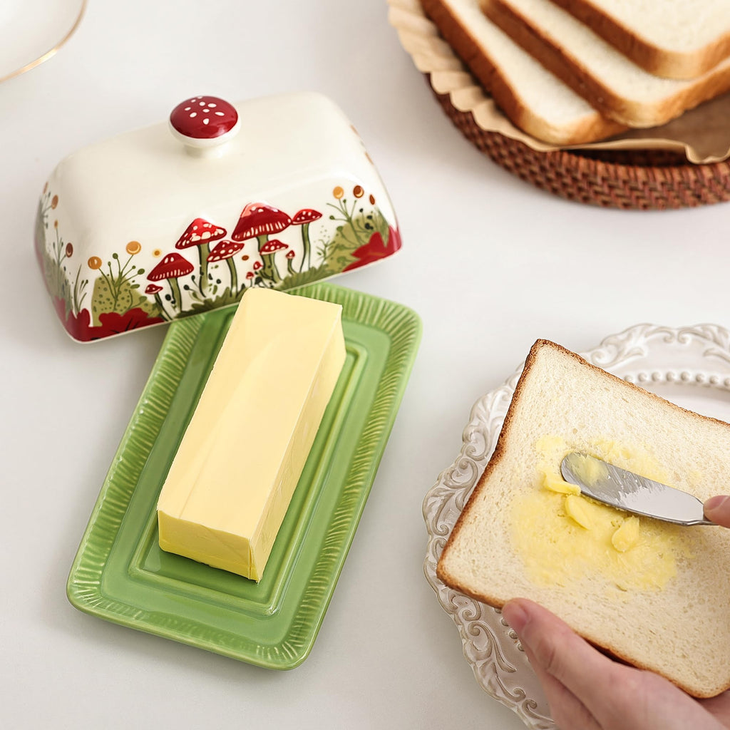 Ceramic Butter Dish with Lids - Mushroom Butter Containers, White
