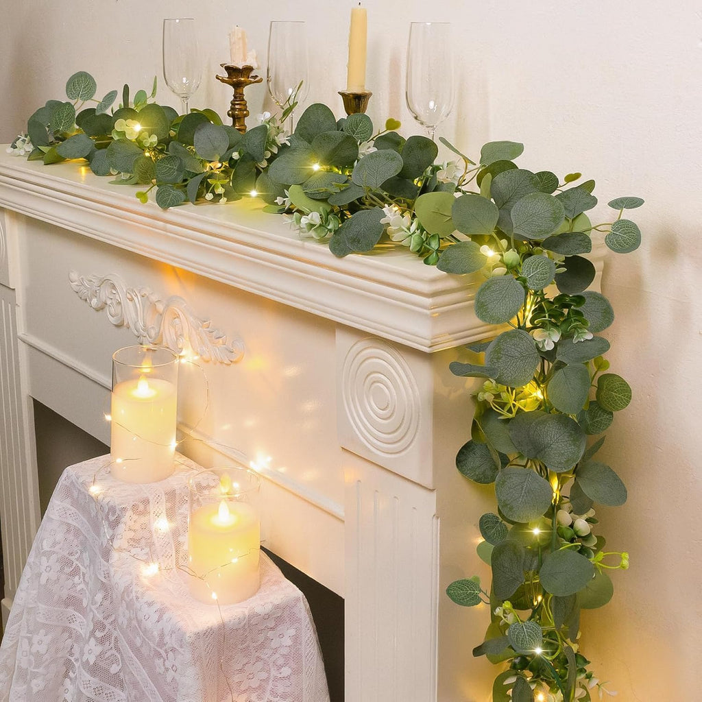 Artificial Eucalyptus Garland with Lights, 6FT Artificial Greenery Summer Garlands, Battery Operated Twig Vine - Set of 2