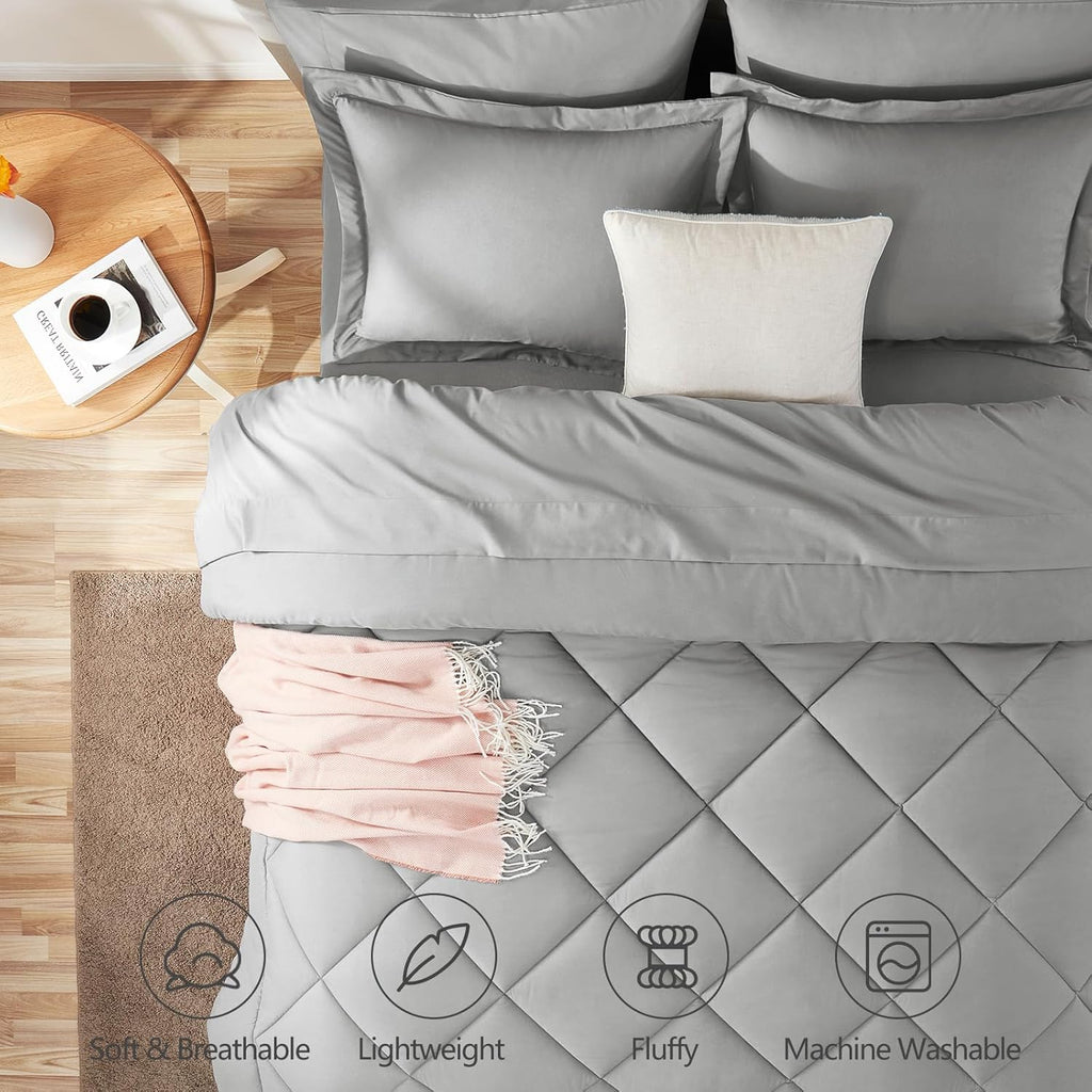 Full Comforter Sets Light Grey - 7 Pieces Bed in a Bag Full, Luxury Soft Bed Set for All Seasons