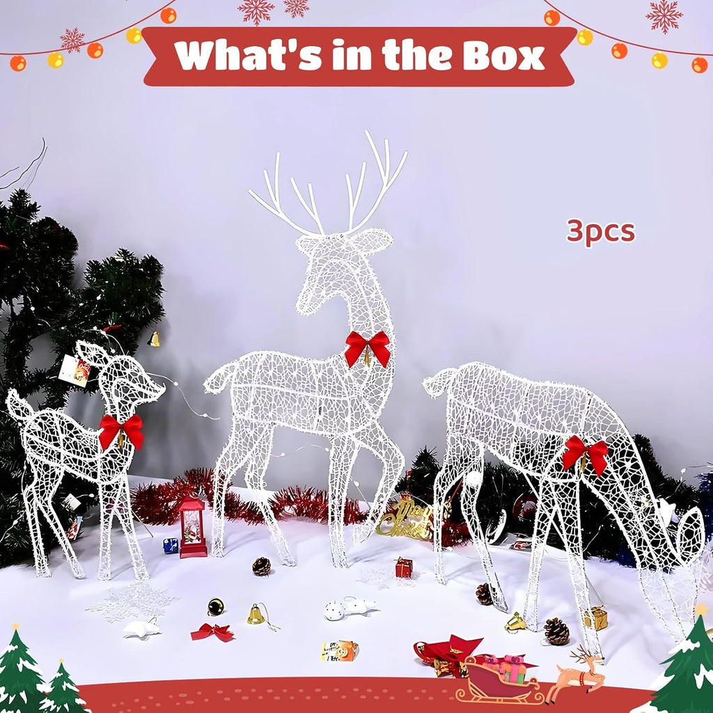 Set of 3 Lighted Christmas Reindeer Family, LED White Metal Deer Yard Decorations with Red Bows, Battery Operated 2D