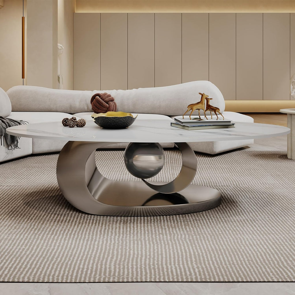 Modern Oval Coffee Table Luxury Sintered Stone Top Coffee Table with Sculptural Geometric Stainless Steel Base,Mid-Cen