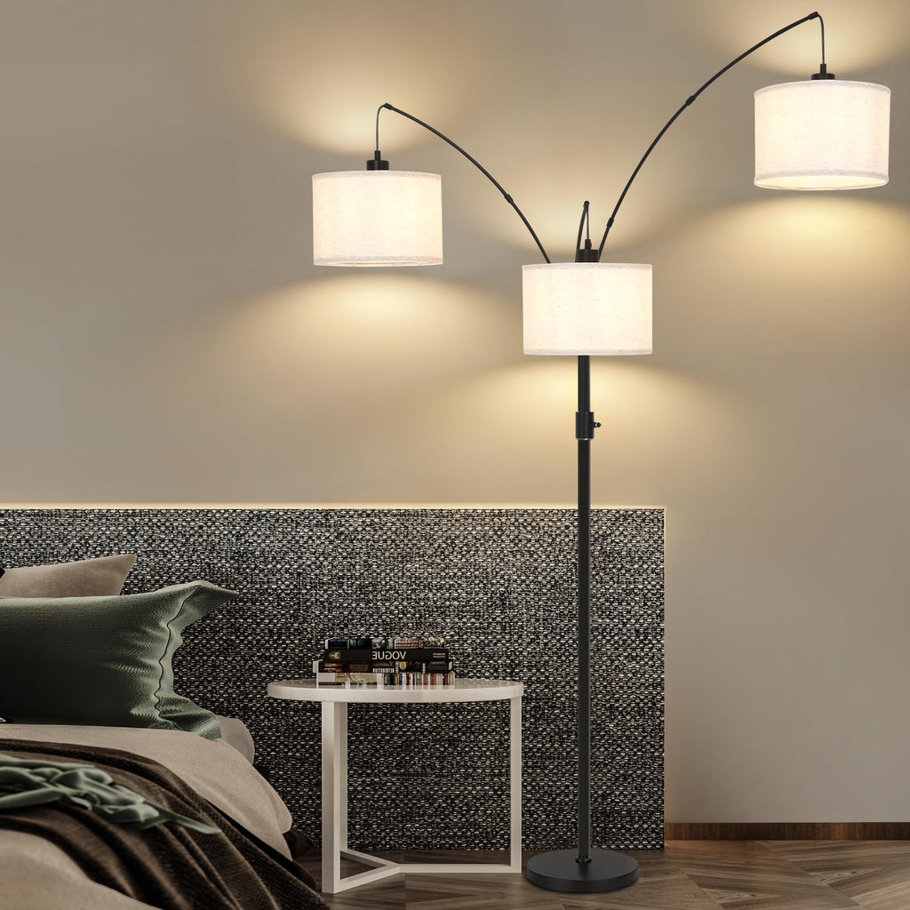 Dimmable Arc Floor Lamp-3 Lights Floor Lamps, Modern Tall Standing Lamp with Beige Drum Shades&Heavy Base, Mid Century