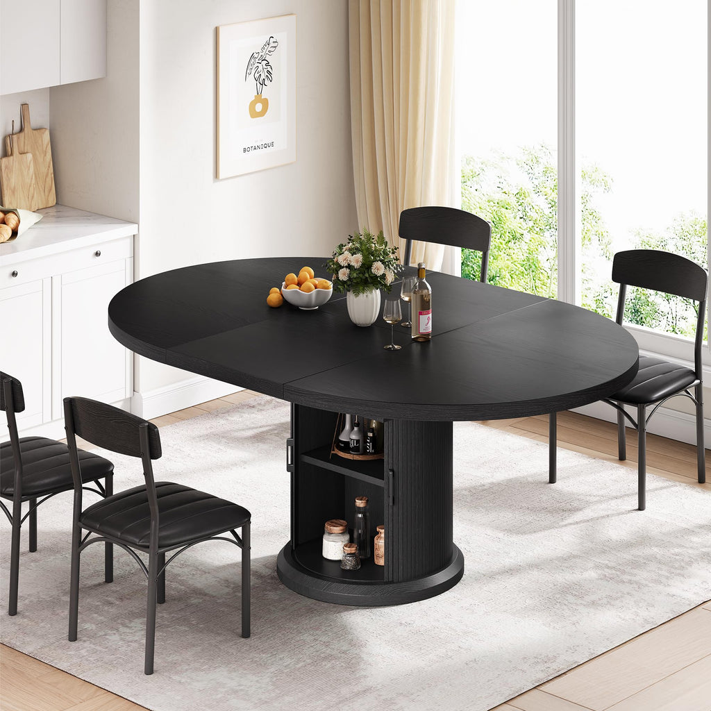 Extendable Round Kitchen Dining Room Table for 4-6 with 2-Tier Storage Shelf, 63'' Space Saving Expandable Wood Oval