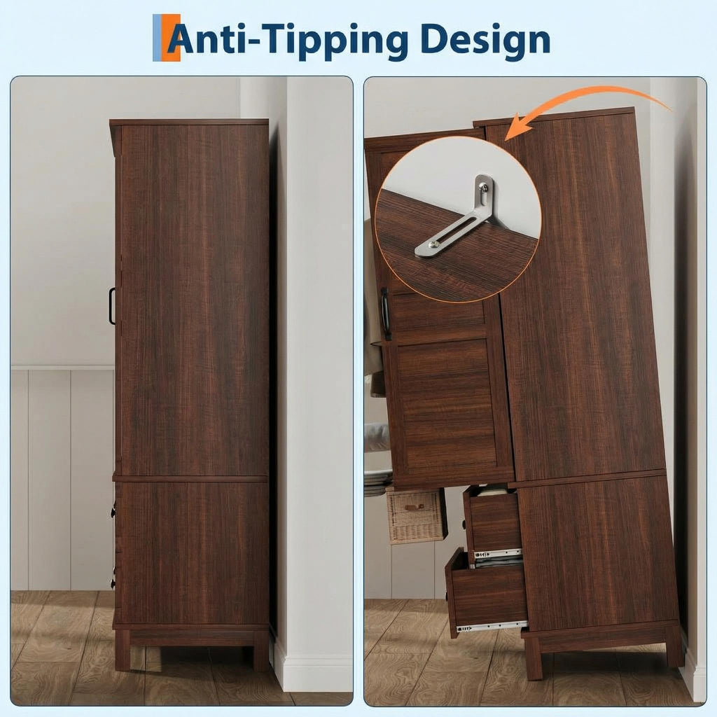 72" Armoire Wardrobe Closet with 2 Drawers, Heavy Duty Wooden Clothing Storage Cabinet with Hanging Rod and
