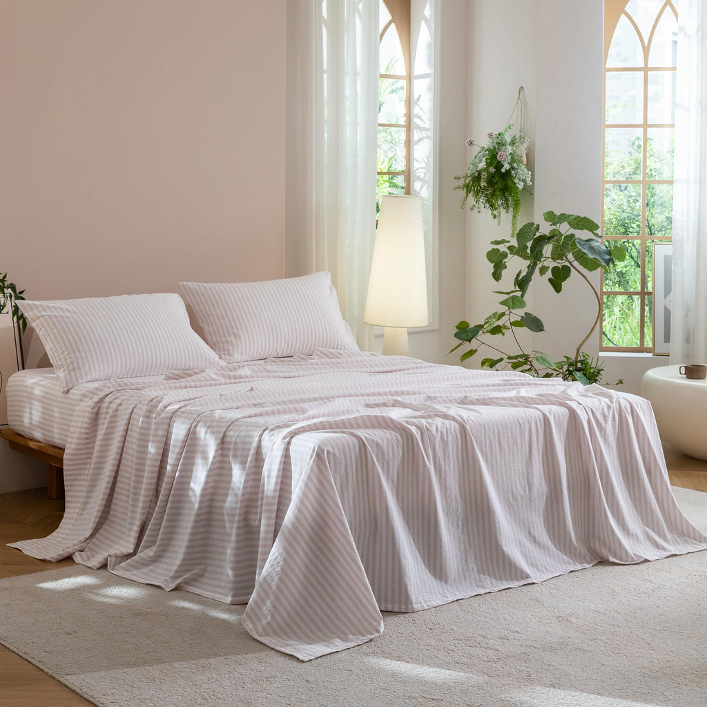 King Washed Cotton Sheet Set, 4-Piece, Linen-Like Stripe