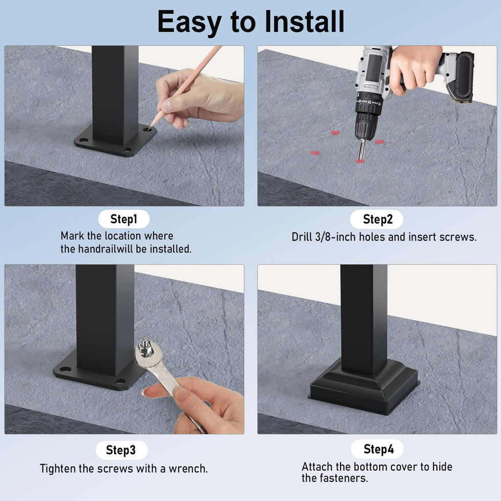 Outdoor Handrails for 4-5 Steps, Stair Railing Kit for Concrete & Porch Steps, Adjustable Black Iron Hand Rail for