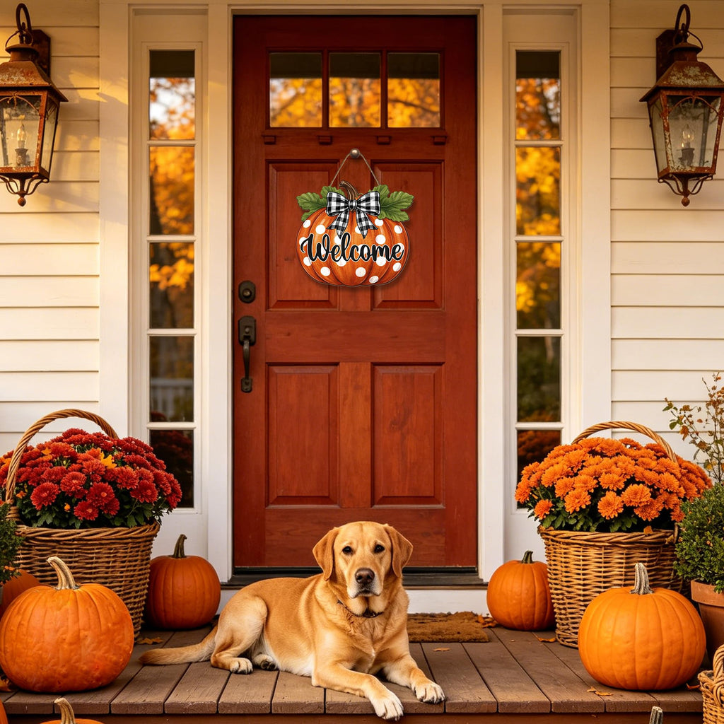 Fall Pumpkin Front Door Sign Rustic Pumpkin Thanksgiving Welcome Door Decorations Wood Sign Autumn Harvest Wreath