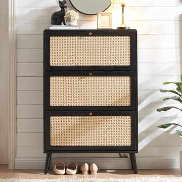 Rattan Shoe Cabinet with 3 Flip Drawers, Black Slim Shoe Storage