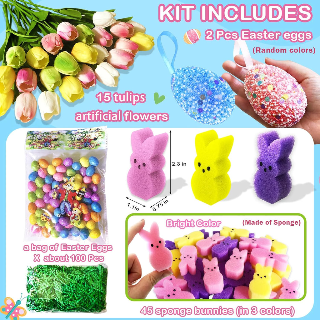Easter Decorations,Easter Peeps Decor,15 Artificial Tulips with 45 Bunnies Vase Filler Set,Perfect Spring Decor,Table