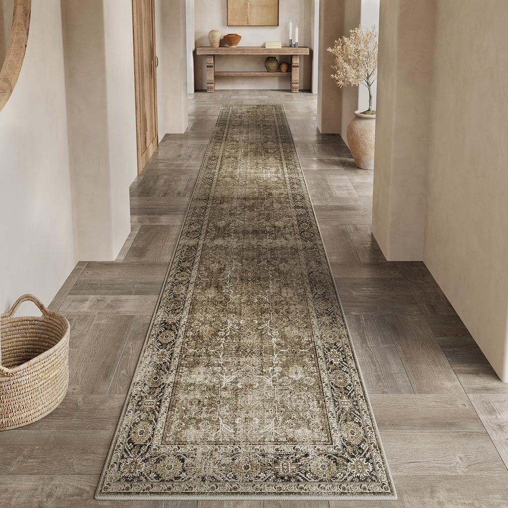 Brown Runner Rug 2x14 Vintage Area Carpet Hallway Long Indoor Kitchen Washable Living Room Low Pile 