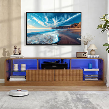63'' Mid Century Modern TV Stand for 55 60 65 70 Inch TVs, Fluted TV Stands with LED Lights, Entertainment Center