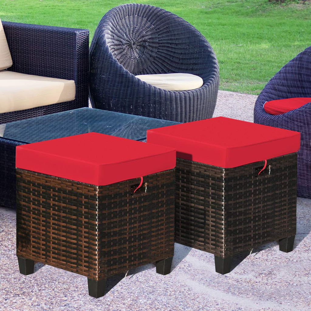2PCS Patio Outdoor Ottomans, Rattan Wicker Ottoman Seat w/Removable Cushions, Rattan Footstool Footrest Seat Set