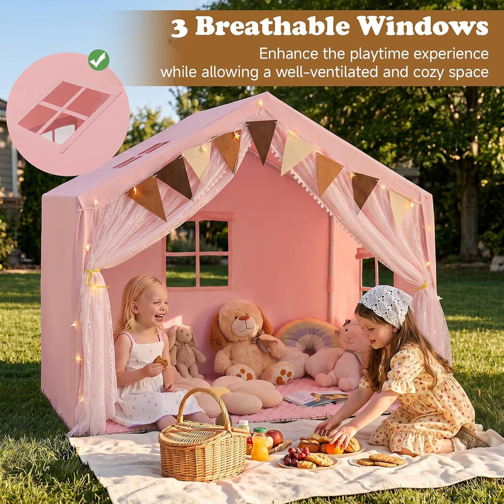 Kids Play Tent, Large Size Playhouse with Washable Cotton Mat Star Light Windows Plaid Pennants, 57.5" x 38" x 52.5"
