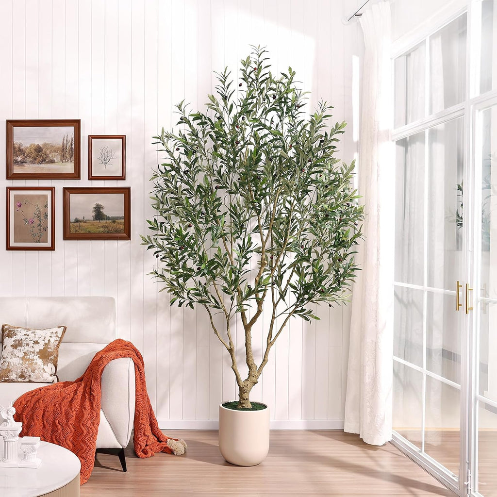 8ft Artificial Olive Tree, Natural Wood Trunk, 11.5in Planter
