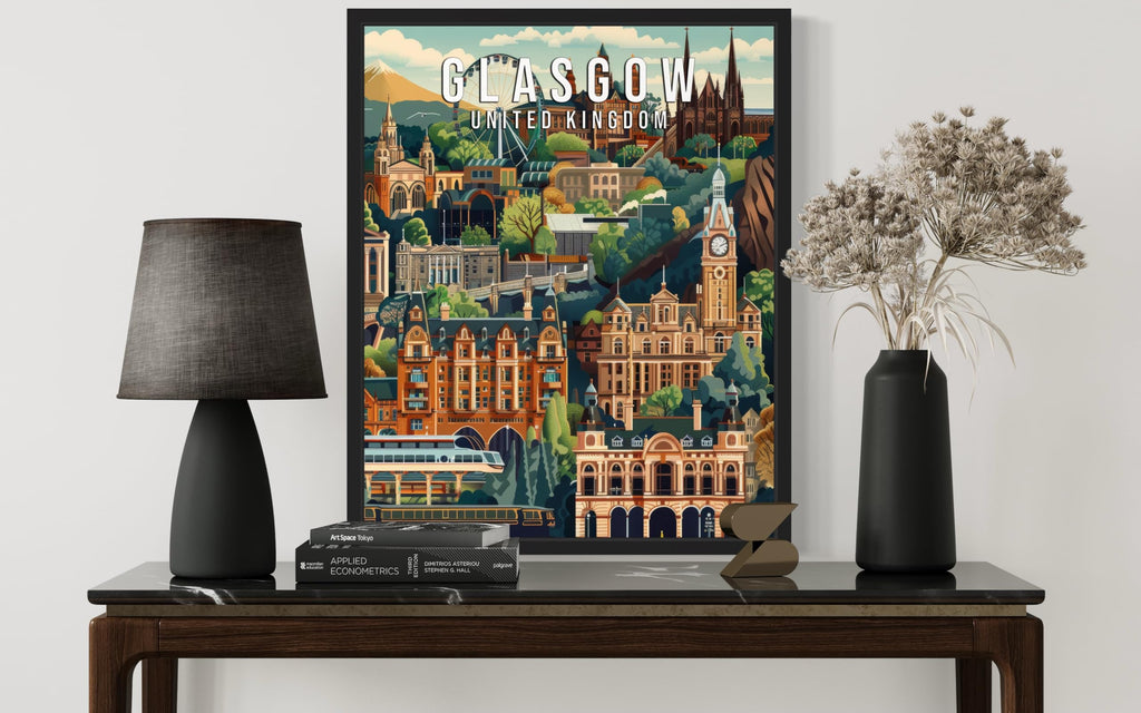 Glasgow United Kingdom Black Framed Print Poster, Europe City Skyline Artwork Painting Wall Vintage Painting Bathroom