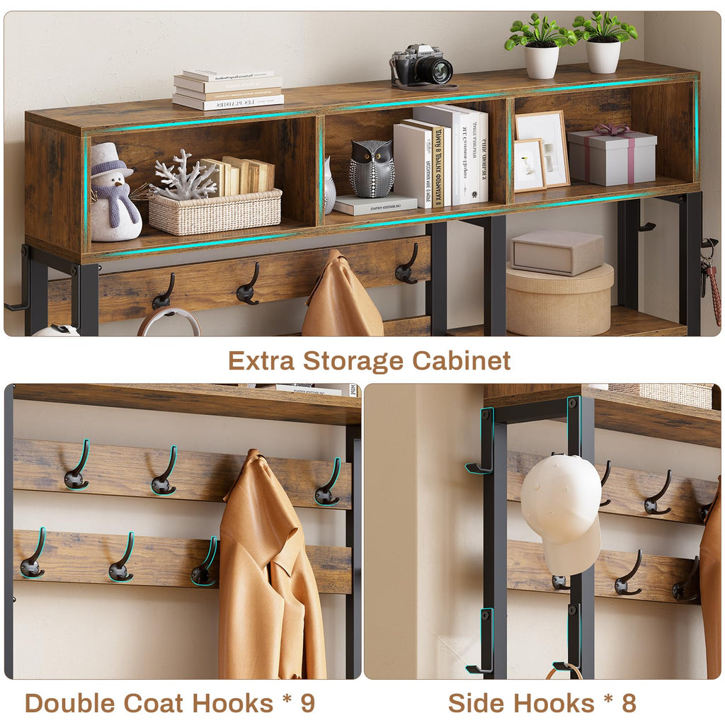 Hall Tree with Bench and Shoe Storage, 7-in-1 Entryway Bench with Coat Rack, 3 Storage Cubbies, 3 Open Shelves, 17