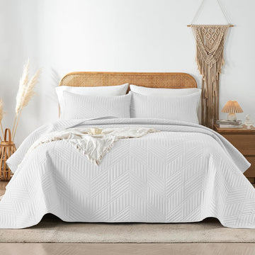 Quilt Bedding Set,White Ultrasonic Quilt Set Reversible Microfiber Bedspread,Lightweight Soft Modern
