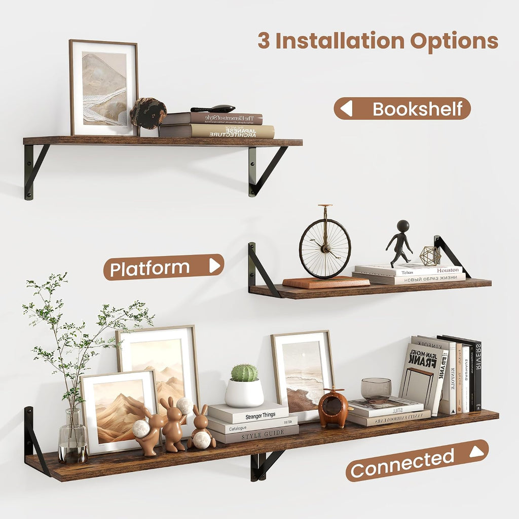 24 Inch Floating Shelves, 8 Inch Deep Brown Wall Shelves Set of 2 | 24'' x 8'' Rustic Brown Wood Shelves for
