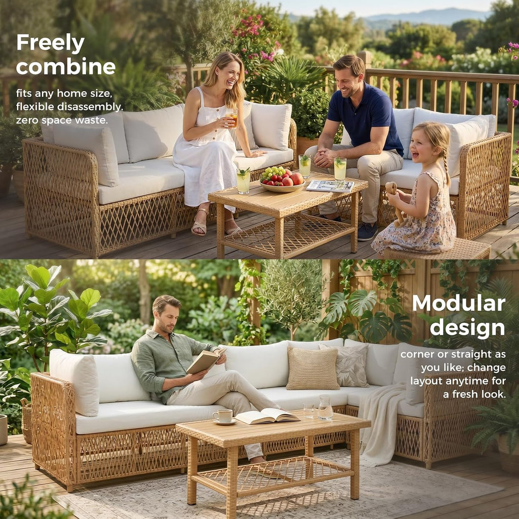 Patio Furniture Set with Waterproof Cover & Water Resistant Fabric | 6 Seats Wicker Outdoor Sectional Furniture Set