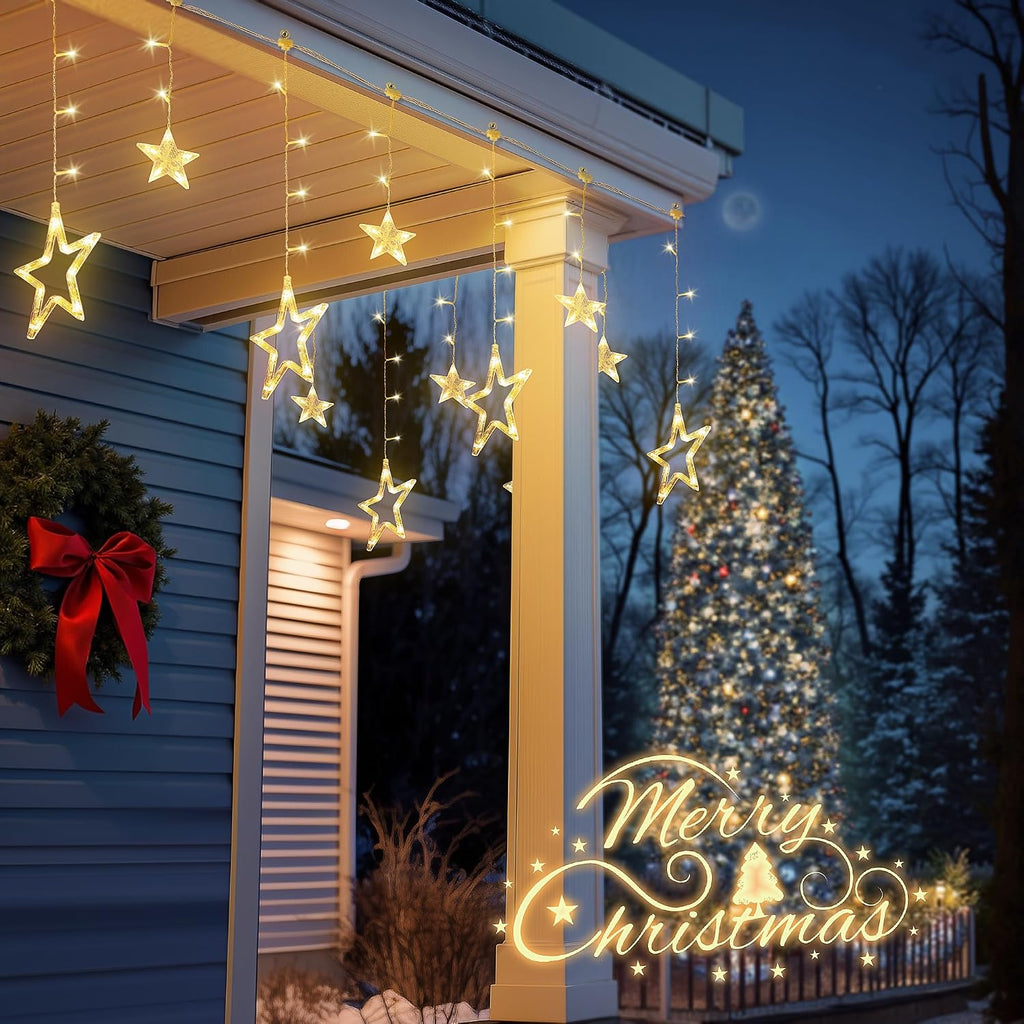 8.2FT 126L Warm White Christmas Star Icicle Curtain Lights Indoor