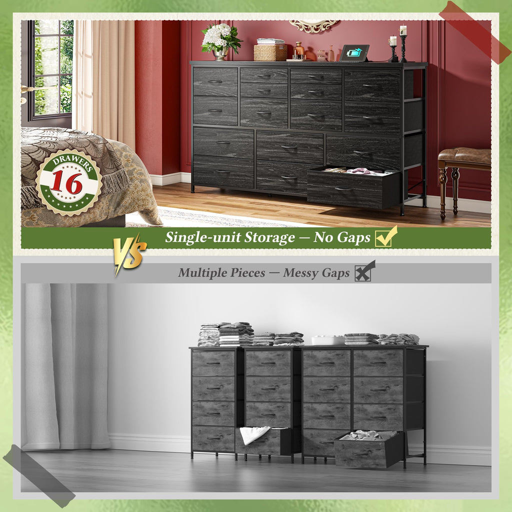 16 Drawer Dresser with Charging Station, Rustic Black