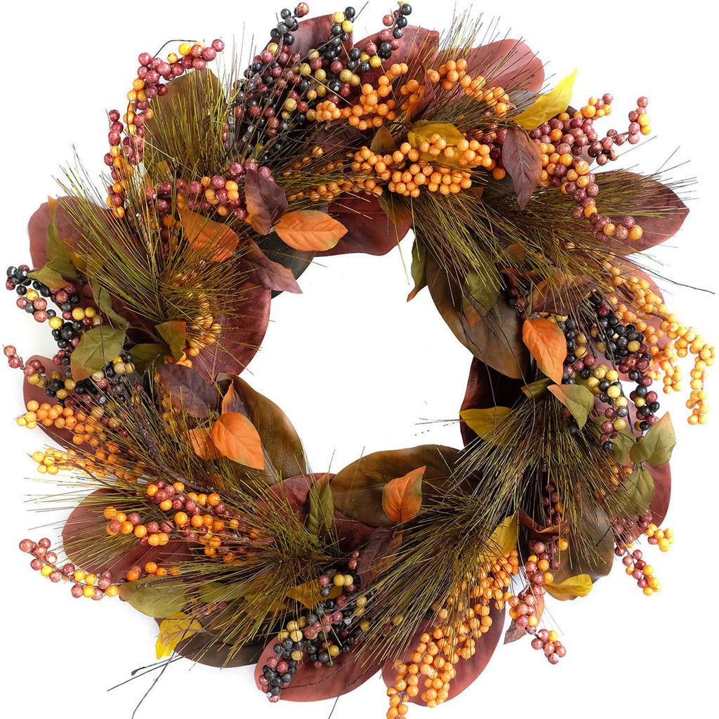 20 inch Thanksgiving Wreath Magnolia Leaves with Pine Needle Yellow Berry Wreath for Front Door Harvest Festival