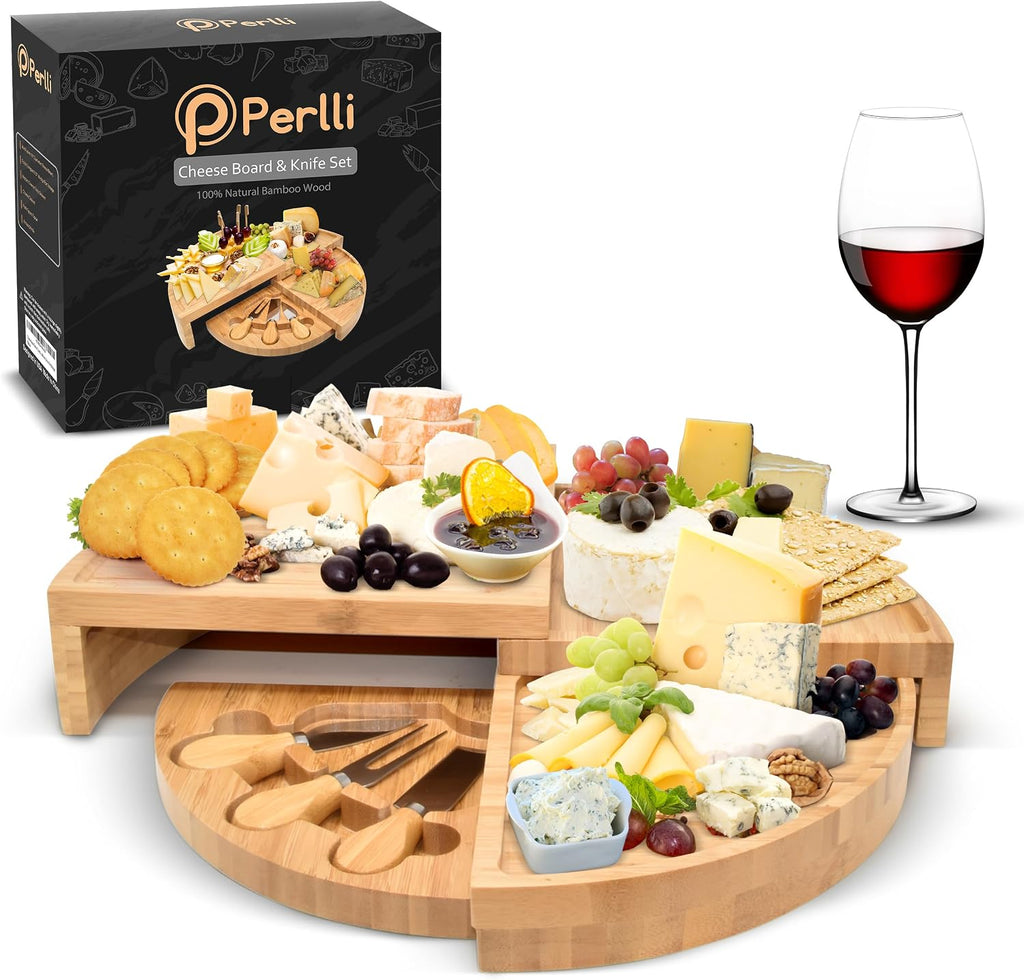 Bamboo Cheese Board & Knife Set, Large Folding 18 Inch Round Wood Rotating Charcuterie Board Set Cheese Meat Wine