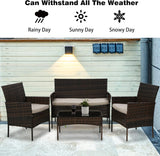 4 Pieces Patio Furniture Set Rattan Outside Furniture Wicker Sofa Garden Conversation Sets with Soft Cushion and Glass