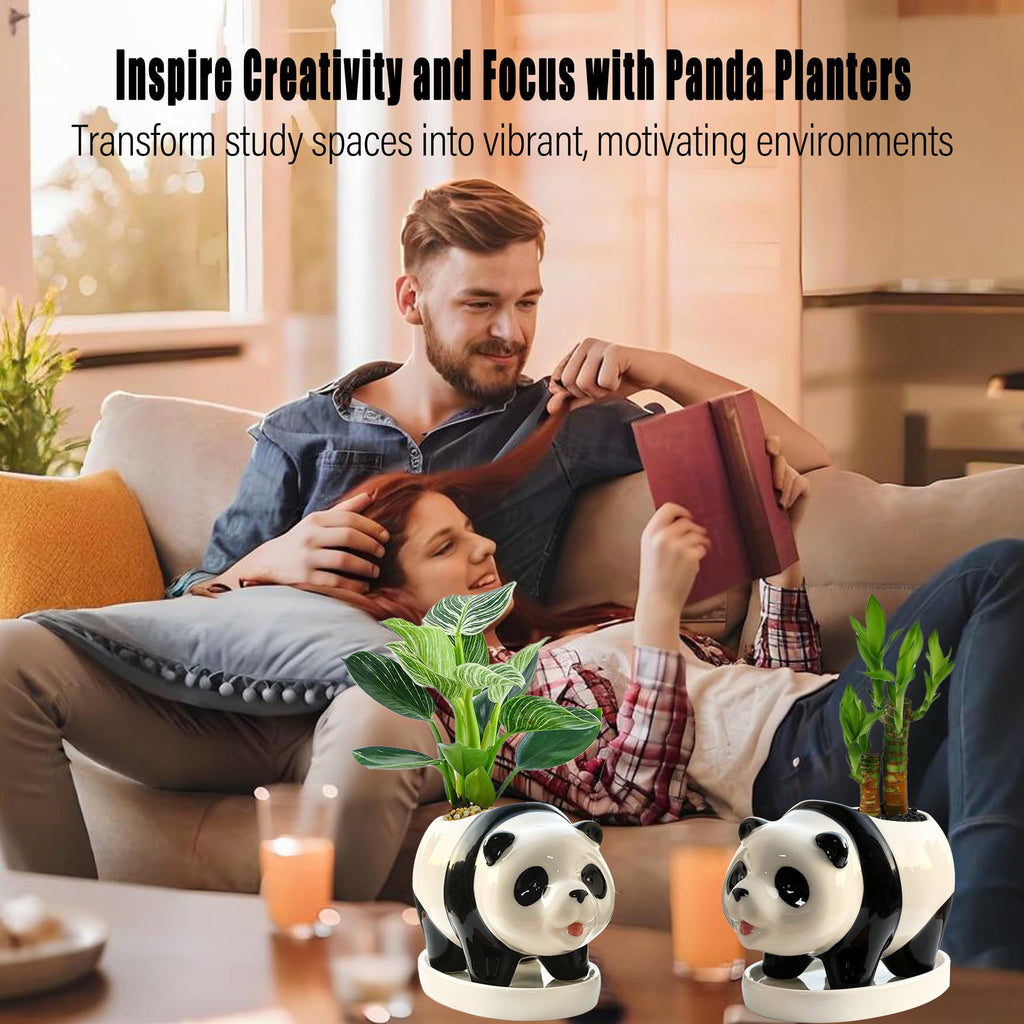 2PC Panda Bamboo Planter Pots-5.7'' Ceramic Animal Planters | Succulent Pots & Drainage Tray-Lucky Bamboo Plant Pots