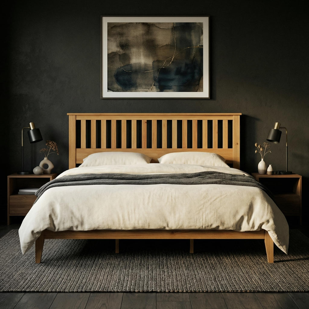 Wood Platform Bed - Pine, King, Bed & Mission-Style Headboard