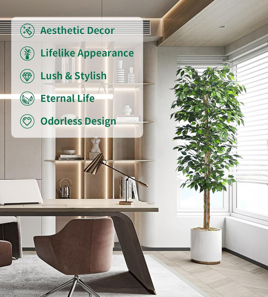 2Packs 6FT Artificial Ficus Trees with Realistic Leaves and Natural Trunk, Faux Ficus Tree with Sturdy Plastic