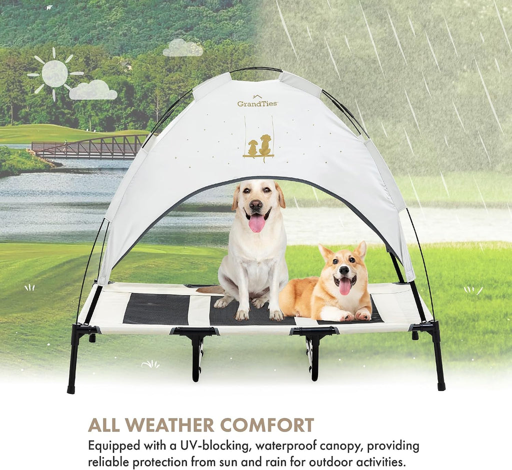 Cooling Elevated Dog Bed with Canopy - XL Portable Pet Cot for Outdoor & Indoor Use - Waterproof Removable Shade
