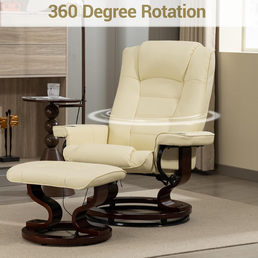Modern Reclining Lounge Chair and Ottoman — Beige PU Leather