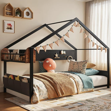 Twin Floor Bed with Storage & Roof, Metal House Bed Frame, Black