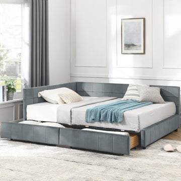 Queen Size Corner Bed Frame with Storage Drawers Comfortable Backrest