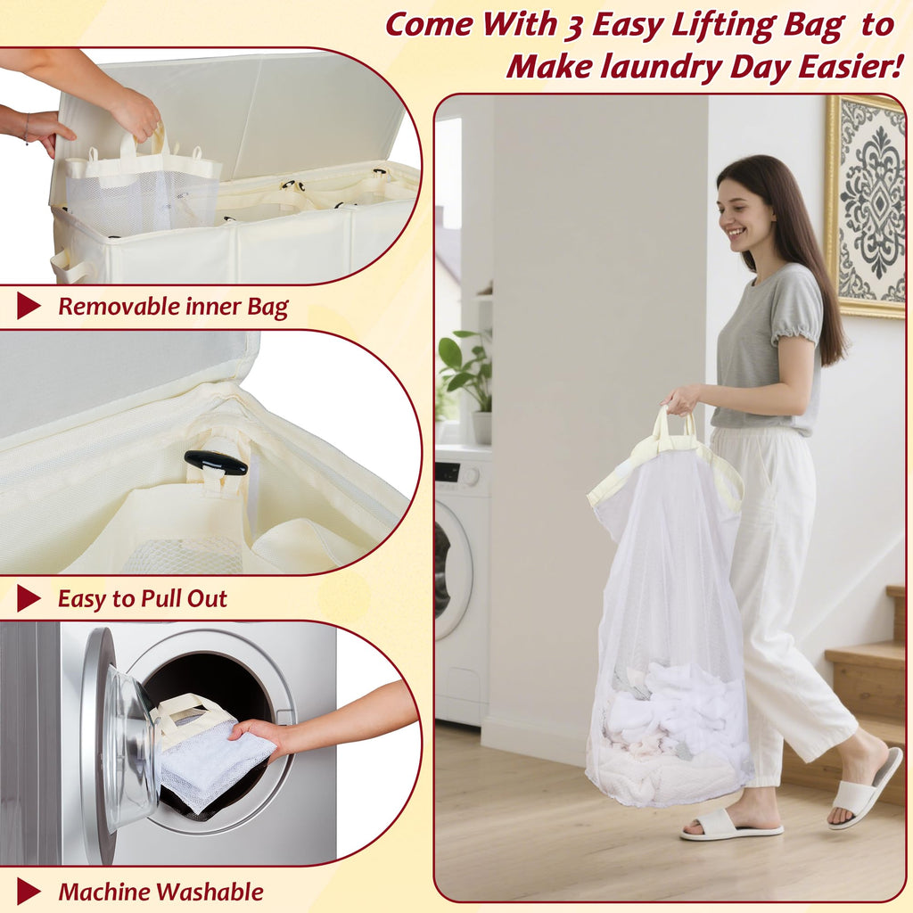 195L Laundry Hamper 3 Section,Large Laundry Hamper with Lid,Dirty Clothes Hamper with 3 Inner Bags,Collapsible